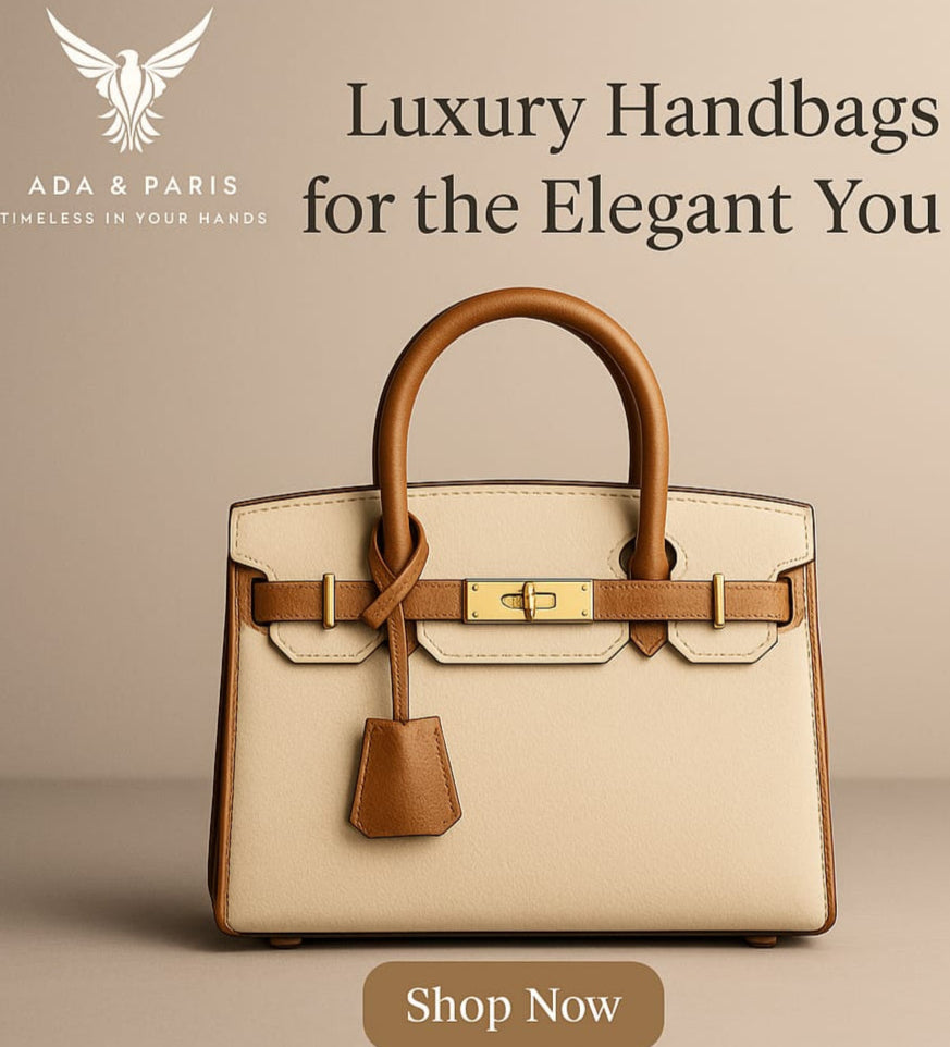 Beige and brown handbag with 'Ada & Paris' branding on a beige background